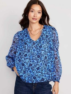 Old Navy Chiffon Smocked Poet Swing Blouse Oberteile Damen Blau | 4317EOJNT