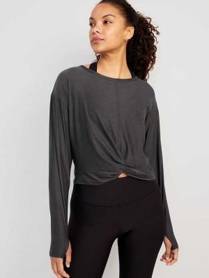 Old Navy Cloud 94 Soft Long-Sleeve Twist-Front Cropped Top Lauftop Damen Schwarz | 5098OCGMH