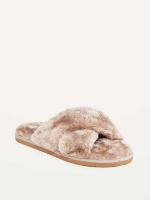 Old Navy Cozy Faux-Fur Cross-Riemen Slippers Hausschuhe Damen Play Clay | 4635YTWLG