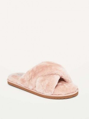 Old Navy Cozy Faux-Fur Cross-Riemen Slippers Hausschuhe Damen Fleur De Sel | 6375VBMKU
