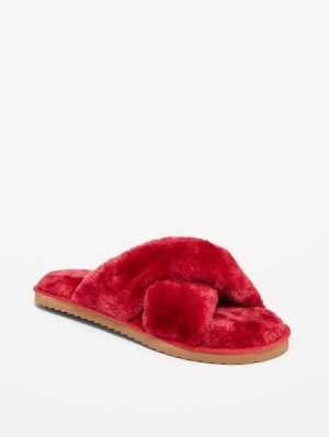 Old Navy Cozy Faux Fur Badelatschen Slippers Hausschuhe Damen Rot | 8324YSNGP