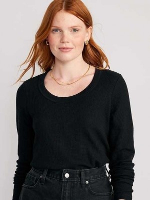 Old Navy Cropped Waffle-Knit Scoop-Neck T-Shirt T-shirts Damen Schwarz | 1768GCEXY