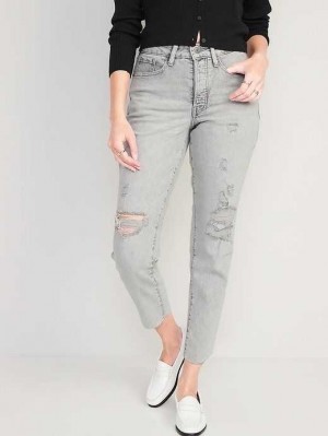 Old Navy Curvy High-Waisted Button-Fly OG Gerade Ripped Gray Jeans Jeans Damen Grau | 5610BHSJL