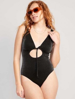 Old Navy Cutout-Front Metallic Shine One-Piece Swimsuit Badeanzüge Damen Schwarz | 1346ZAGRK