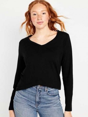 Old Navy EveryWear Long-Sleeve V-Neck T-Shirt T-shirts Damen Schwarz | 3905IGXRM