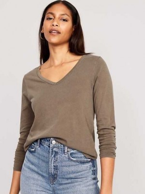 Old Navy EveryWear Long-Sleeve V-Neck T-Shirt T-shirts Damen Espresso | 8759KASIN