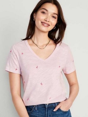Old Navy EveryWear V-Neck Printed T-Shirt Oberteile Damen Flamingo | 5369AZIHG