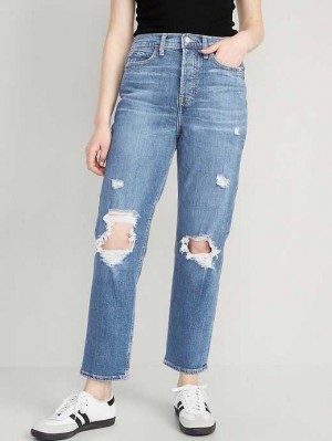 Old Navy Extra High-Waisted Sky-Hi Gerade Button-Fly Ripped Jeans Jeans Damen Saylor | 9648UPEIK
