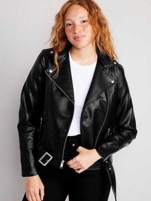 Old Navy Faux-Leder Belted Biker Jacket Mäntel Damen Schwarz | 7810SNVZL