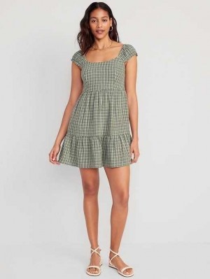Old Navy Fit & Flare Cap-Sleeve Plaid Smocked Mini Kleider Kleid Damen Weiß Grün | 8634BDPLT