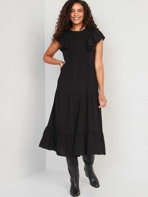 Old Navy Fit & Flare Flutter-Sleeve Tiered Smocked Midi Kleider Kleid Damen Schwarz | 8653HFIUY