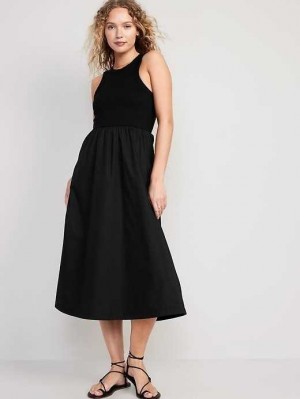 Old Navy Fit & Flare High-Neck Combination Midi Kleider Kleid Damen Schwarz | 5420OXURY
