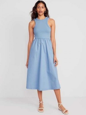 Old Navy Fit & Flare High-Neck Combination Midi Kleider Kleid Damen Blau | 5960YGANP