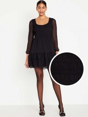 Old Navy Fit & Flare Long-Sleeve Eyelet Mini Kleider Kleid Damen Schwarz | 3621TKHCW