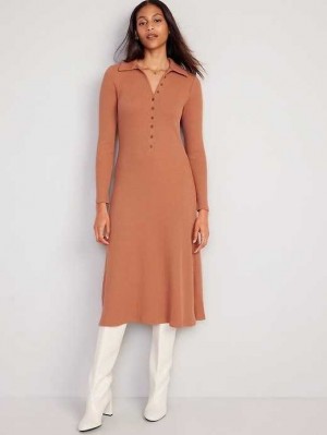 Old Navy Fit & Flare Long-Sleeve Henley Midi Kleider Kleid Damen Turmeric | 0572NXVOR