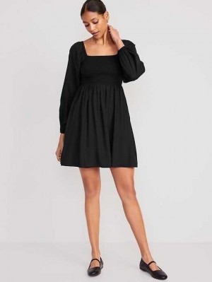 Old Navy Fit & Flare Long-Sleeve Mini Kleider Kleid Damen Schwarz | 0615FNPDQ