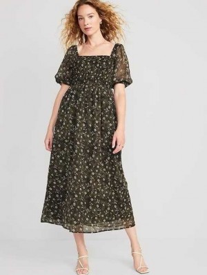 Old Navy Fit & Flare Smocked Maxi Kleider Kleid Damen Dunkelgrün | 1679BPVME