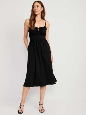 Old Navy Fit & Flare Tie-Front Cami Midi Kleider Kleid Damen Schwarz | 0964HACIQ