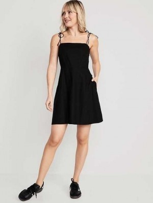 Old Navy Fit & Flare Tie-Riemen Linen-Blend Mini Kleider Kleid Damen Schwarz | 6135YWGTV