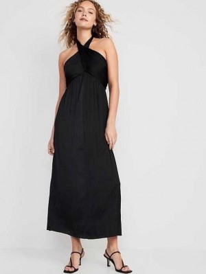 Old Navy Fit & Flare Wrap-Neck Satin Maxi Kleider Kleid Damen Schwarz | 6453QJGEU