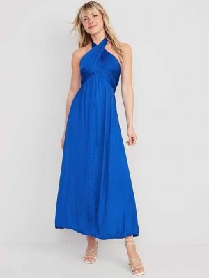 Old Navy Fit & Flare Wrap-Neck Satin Maxi Kleider Kleid Damen Blau | 1563WQGNE