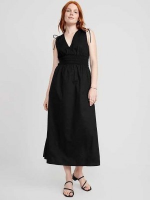 Old Navy Fit & Flare Ärmellose Tie-Shoulder Smocked Maxi Kleider Kleid Damen Schwarz | 1943XVTKM