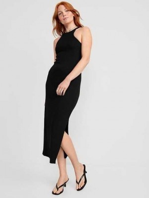 Old Navy Fitted High-Neck Rib-Knit Maxi Kleider Kleid Damen Schwarz | 9187PCIAX