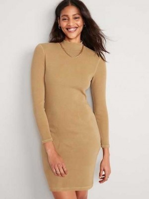 Old Navy Fitted Long-Sleeve Mock-Neck Rib-Knit Mini Kleider Kleid Damen Acacia | 4932SUGTM