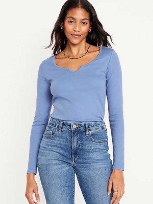 Old Navy Fitted Long-Sleeve Rib-Knit T-Shirt T-shirts Damen Blau | 3708BZJFQ