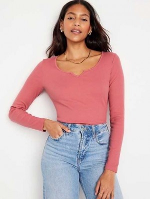 Old Navy Fitted Long-Sleeve Rib-Knit T-Shirt T-shirts Damen Rosa | 7264XTYFO