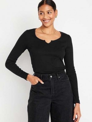 Old Navy Fitted Long-Sleeve Rib-Knit T-Shirt T-shirts Damen Schwarz | 1237TUMEC