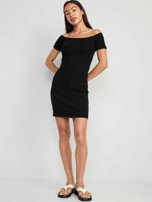 Old Navy Fitted Off-The-Shoulder Rib-Knit Mini Kleider Kleid Damen Schwarz | 0714SWDIJ