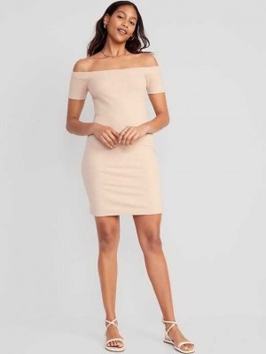 Old Navy Fitted Off-The-Shoulder Rib-Knit Mini Kleider Kleid Damen Braun | 7569QJOEH