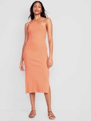 Old Navy Fitted One-Shoulder Double-Riemen Rib-Knit Midi Kleider Kleid Damen Feeling Peachy | 3749KHJQD