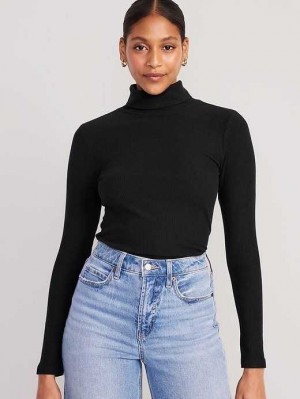Old Navy Fitted Plush Rib-Knit Turtleneck T-shirts Damen Schwarz | 2947HAGSO