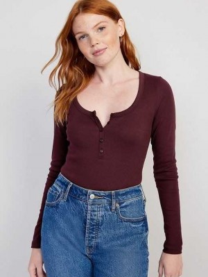 Old Navy Fitted Rib-Knit Henley T-Shirt T-shirts Damen Raisin Arizona | 0685QMHWL