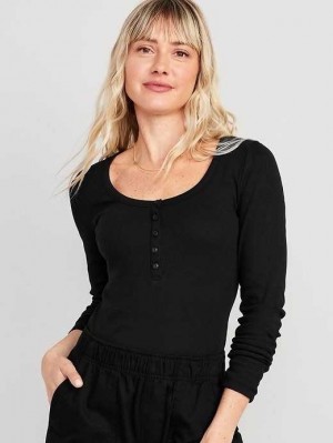 Old Navy Fitted Rib-Knit Henley T-Shirt T-shirts Damen Schwarz | 7892SFUIV