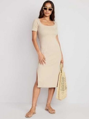 Old Navy Fitted Rib-Knit Scoop-Neck Midi Kleider Kleid Damen Desert Floor | 8563LWQBU