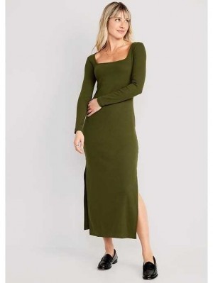 Old Navy Fitted Rib-Knit Square-Neck Midi Kleider Kleid Damen Conifer | 9083KLWMF