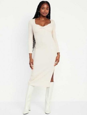 Old Navy Fitted Twist-Front Rib-Knit Midi Kleider Kleid Damen Beige | 2098FAHPY