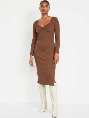 Old Navy Fitted Twist-Front Rib-Knit Midi Kleider Kleid Damen Espresso | 5180TGLDI