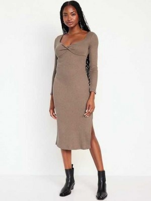 Old Navy Fitted Twist-Front Rib-Knit Midi Kleider Kleid Damen Sedimentary | 0175ULNIP