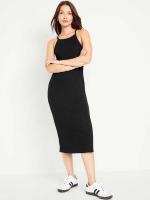 Old Navy Fitted Ärmellose Rib-Knit Midi Kleider Kleid Damen Schwarz | 6324LYREI