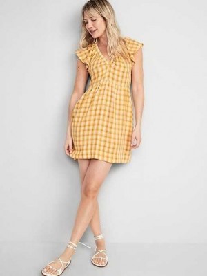 Old Navy Flutter-Sleeve Plaid Mini Swing Kleider Kleid Damen Gelb | 4625NDZJH