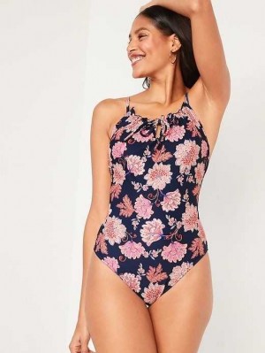 Old Navy Gathered Keyhole One-Piece Swimsuit Badeanzüge Damen Blumen | 6027XKBNE
