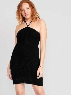 Old Navy Halter Tie-Riemen Crochet Mini Kleider Kleid Damen Schwarz | 9740GWJAB
