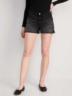 Old Navy High-Waisted Button-Fly O.G. Gerade Ripped Side-Slit Jean Shorts Kurze Hose Damen Schwarz | 9540EQLHU