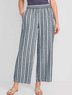 Old Navy High-Waisted Gestreift Linen-Blend Weite-Leg Pants Hose Damen Blau | 4732JLRUA