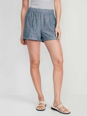Old Navy High-Waisted Linen-Blend Chambray Shorts Kurze Hose Damen Blau | 1784MODTV
