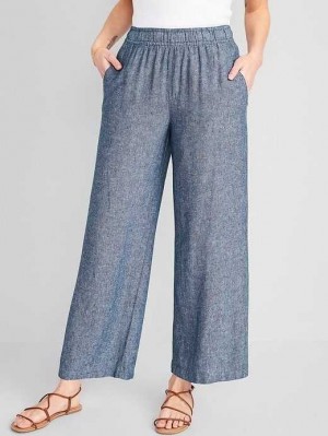 Old Navy High-Waisted Linen-Blend Weite-Leg Pants Hose Damen Blau | 7209PFIJE